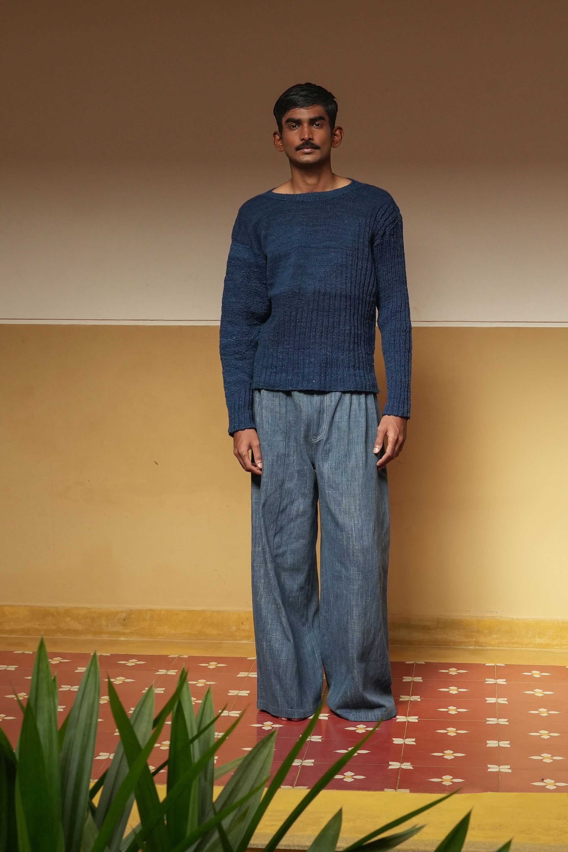 Indigo Ribbed Boat Neck Sweater